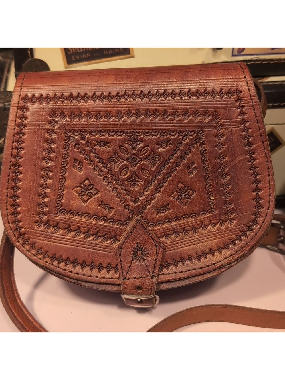 Tooled Mini Leather Vintage Buckled Saddle Bag - Picture 4 of 15